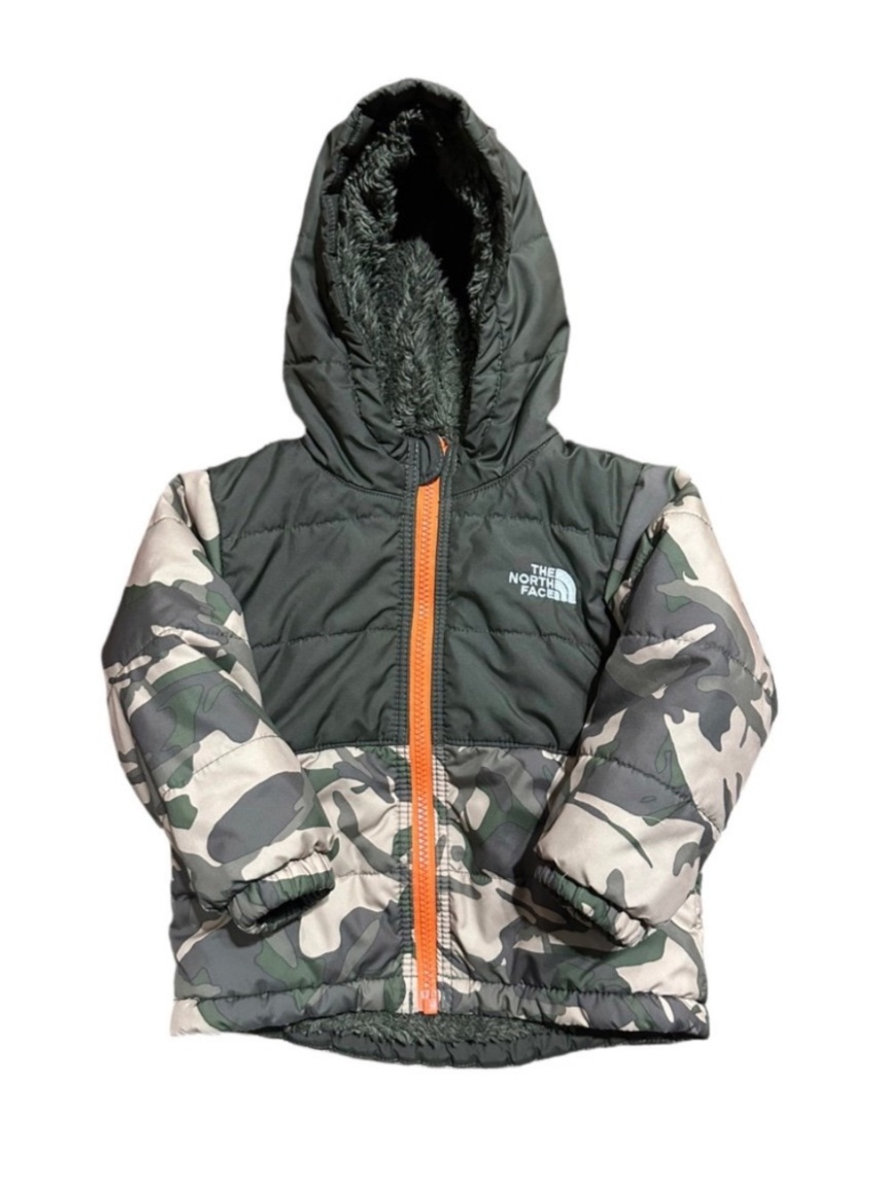 The North Face Hooded Puffer Jacket in Olive with Camo Sleeves and Orange Zip
